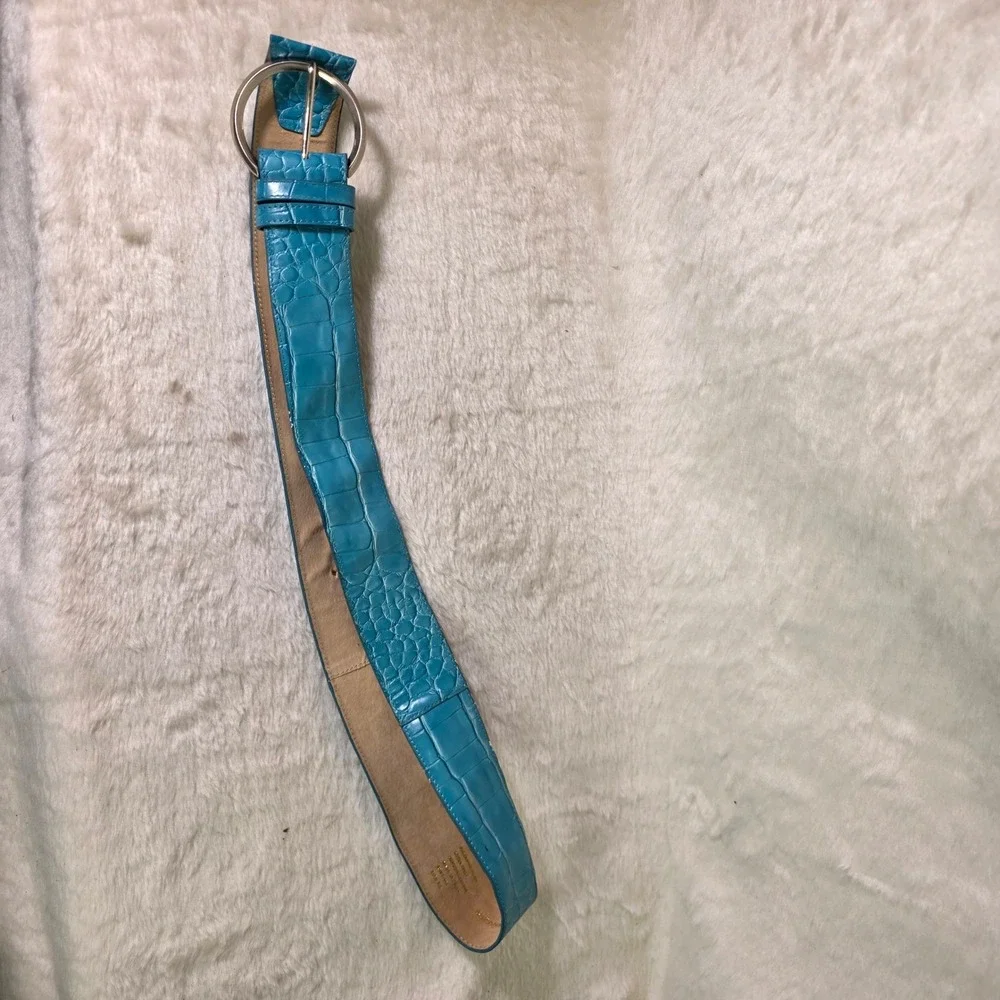 VTG 80s Suzanne Somers Waist Belt Blue Croco Embossed Leather Womens XL